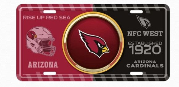 A license plate featuring the Arizona Cardinals logo and text, with a football helmet and the words "Rise Up Red Sea" and "NFC West" on the left side.