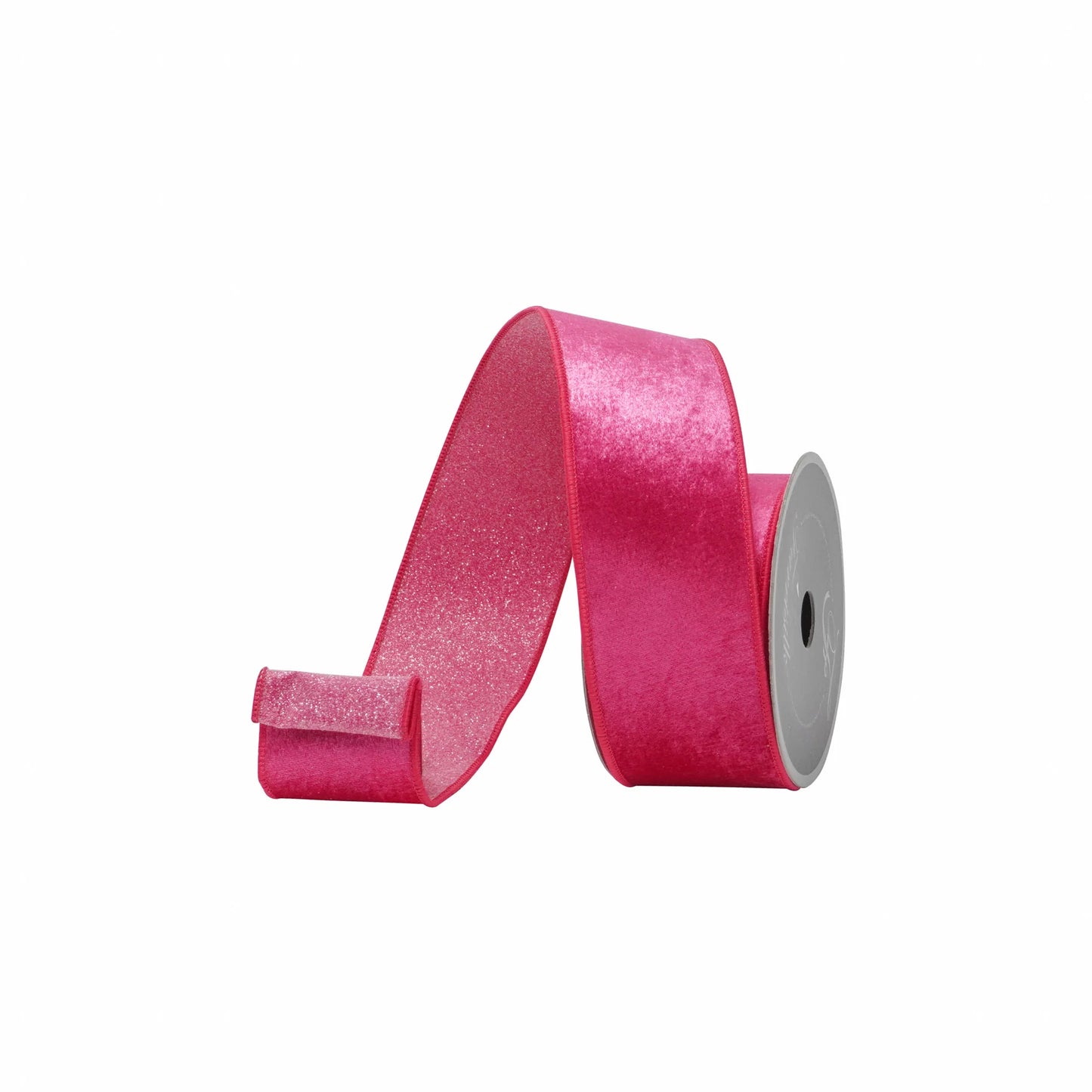 A roll of pink velvet ribbon is shown against a white background.