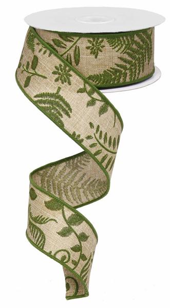 a green and white ribbon with leaves on it