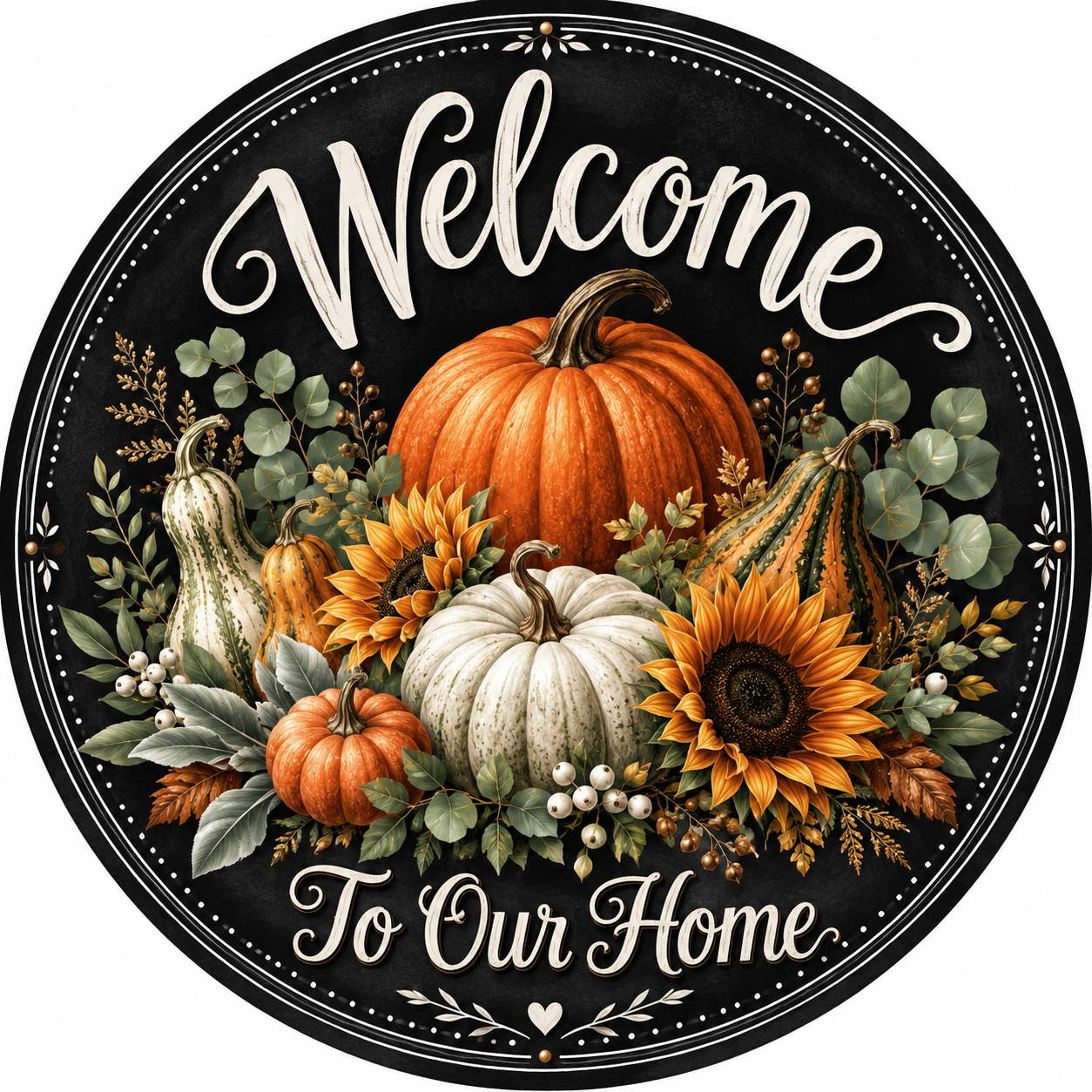 A circular black and white sign with a welcoming message and autumn-themed decorations, including pumpkins, sunflowers, and greenery.