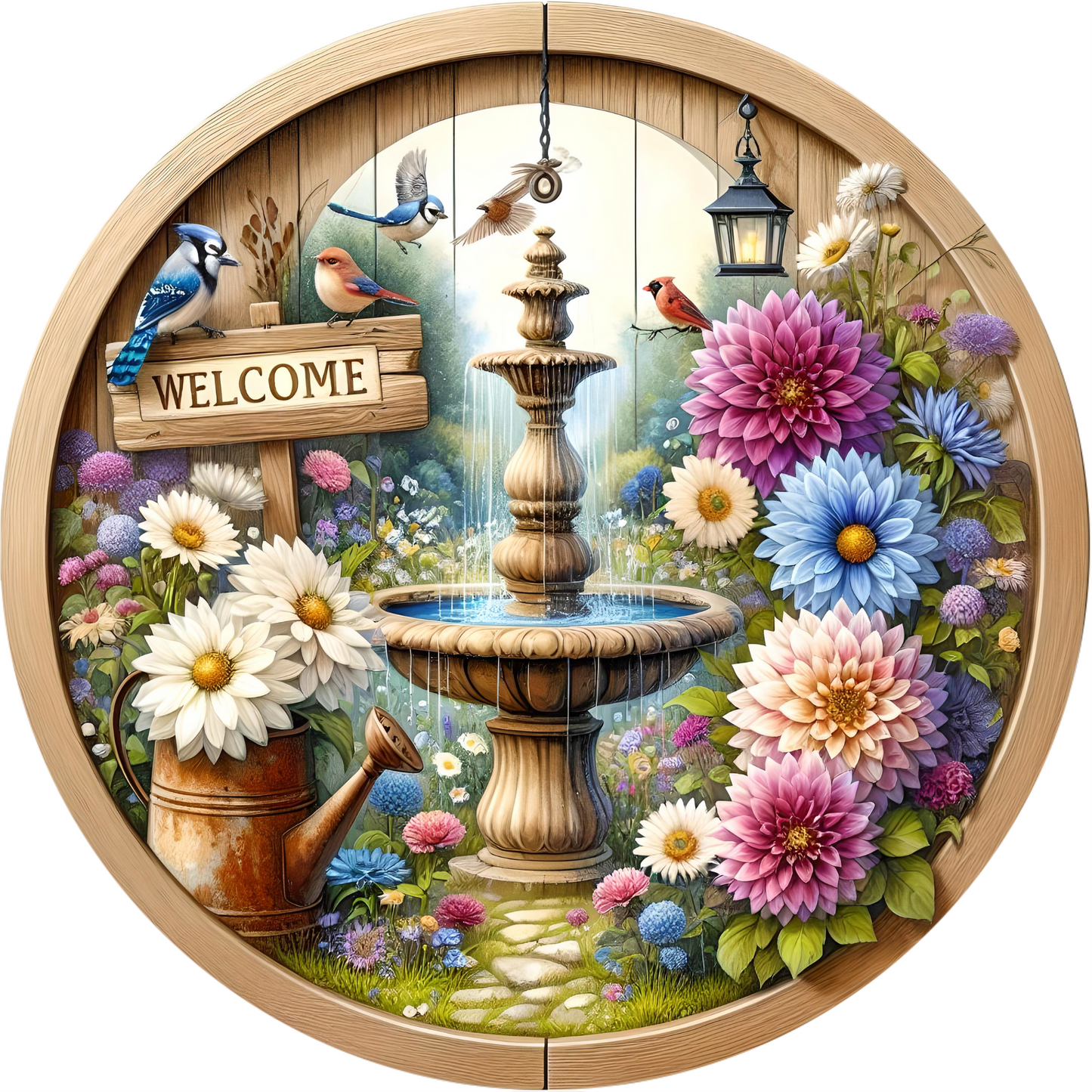 a painting of a garden with flowers and birds