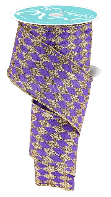 a decorative ribbon with a purple and gold diamond pattern.