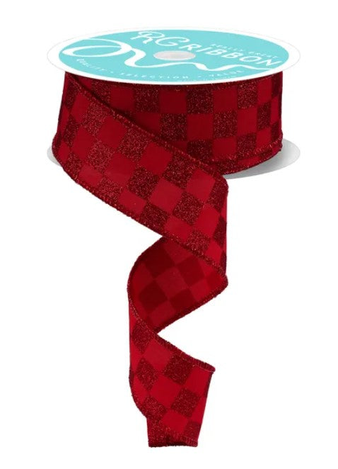A roll of red and black checkered ribbon with a turquoise label.
