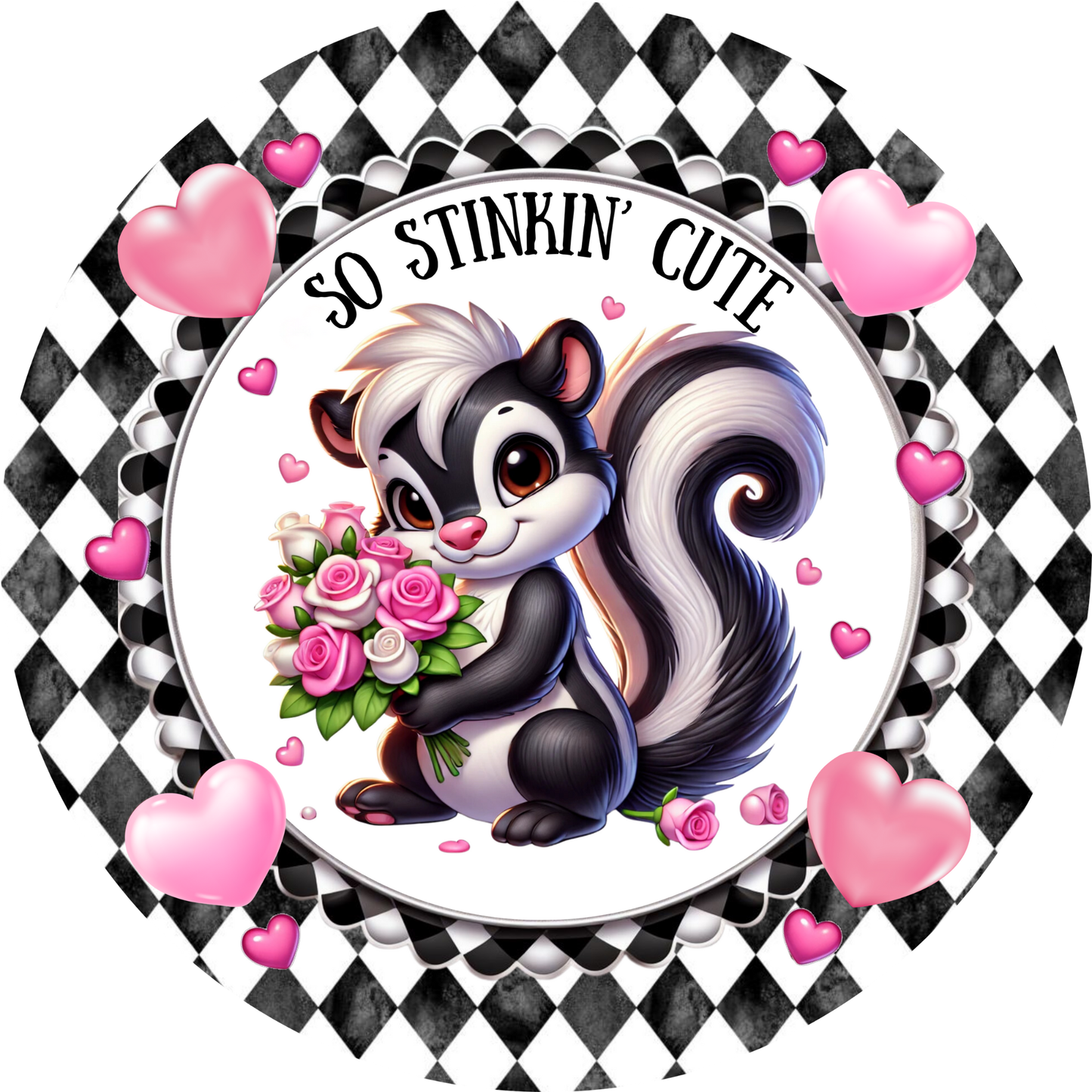 A cartoon image of a skunk holding a bouquet of pink roses, surrounded by hearts and a decorative border.