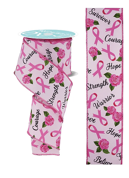 a pink ribbon with a pink ribbon pattern and the words "Courage, Hope, Strength, Warrior, Love" printed on it.