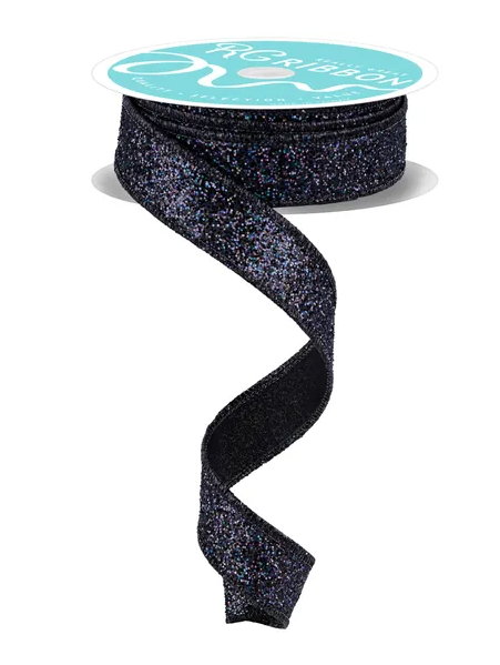 A spiral-shaped black ribbon with a glittery texture, sitting on a white surface.