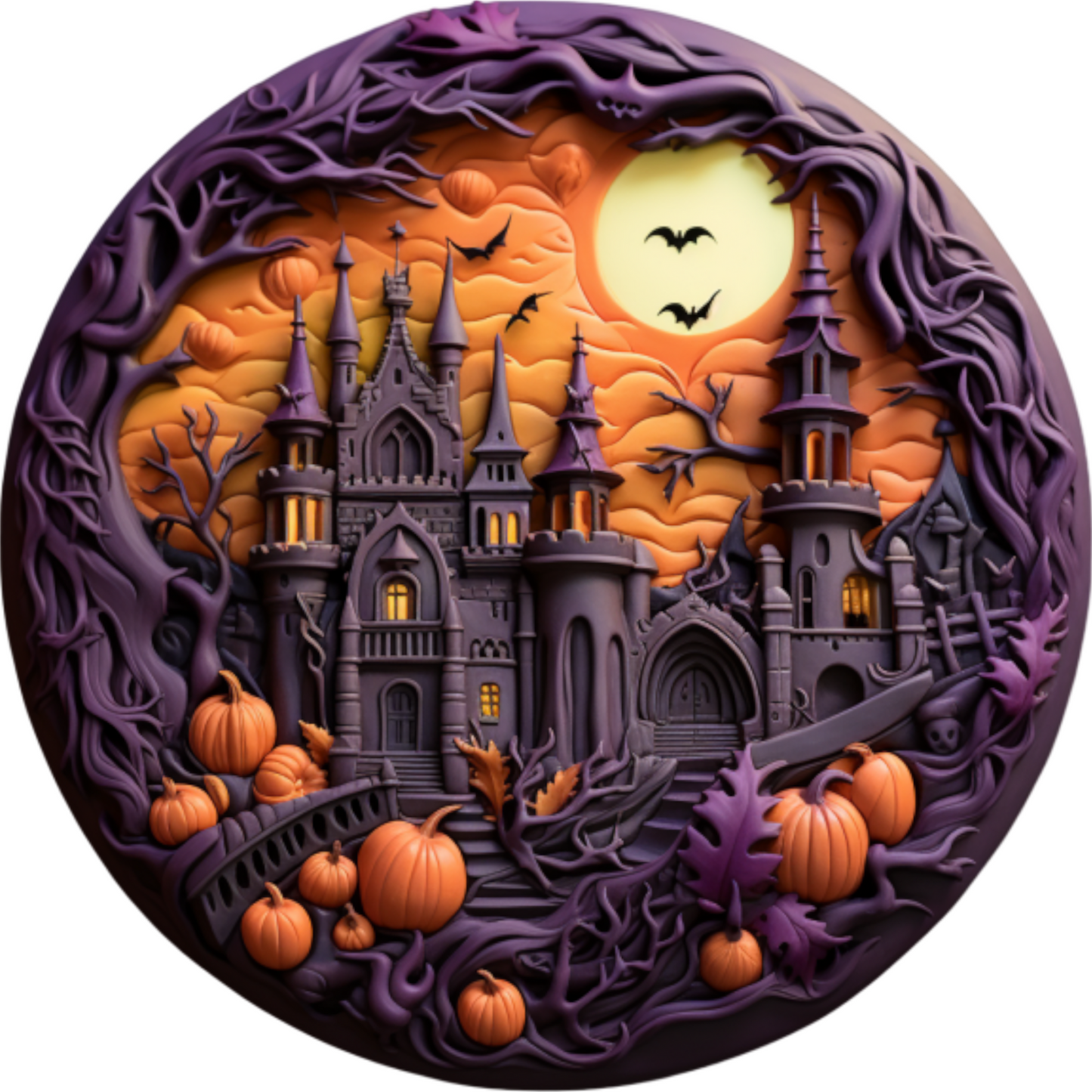 a picture of a castle with bats and pumpkins