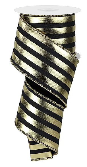 A gold and black striped ribbon is shown, with the ribbon appearing to be made of a shiny, metallic material.