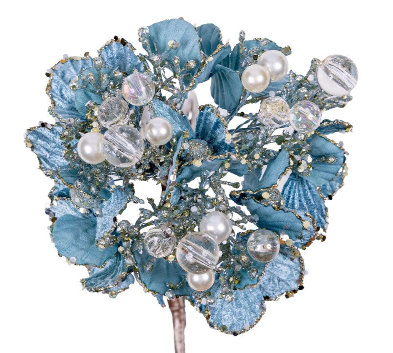 A decorative arrangement of blue leaves and clear beads, creating a visually appealing and intricate design.