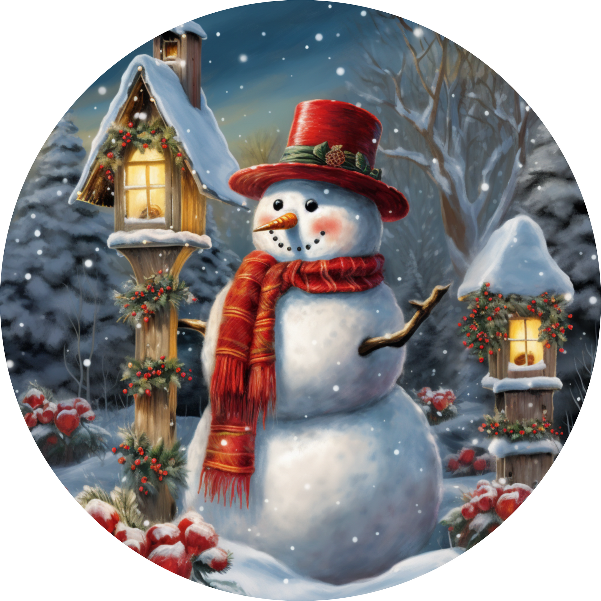 a snowman wearing a red hat and scarf