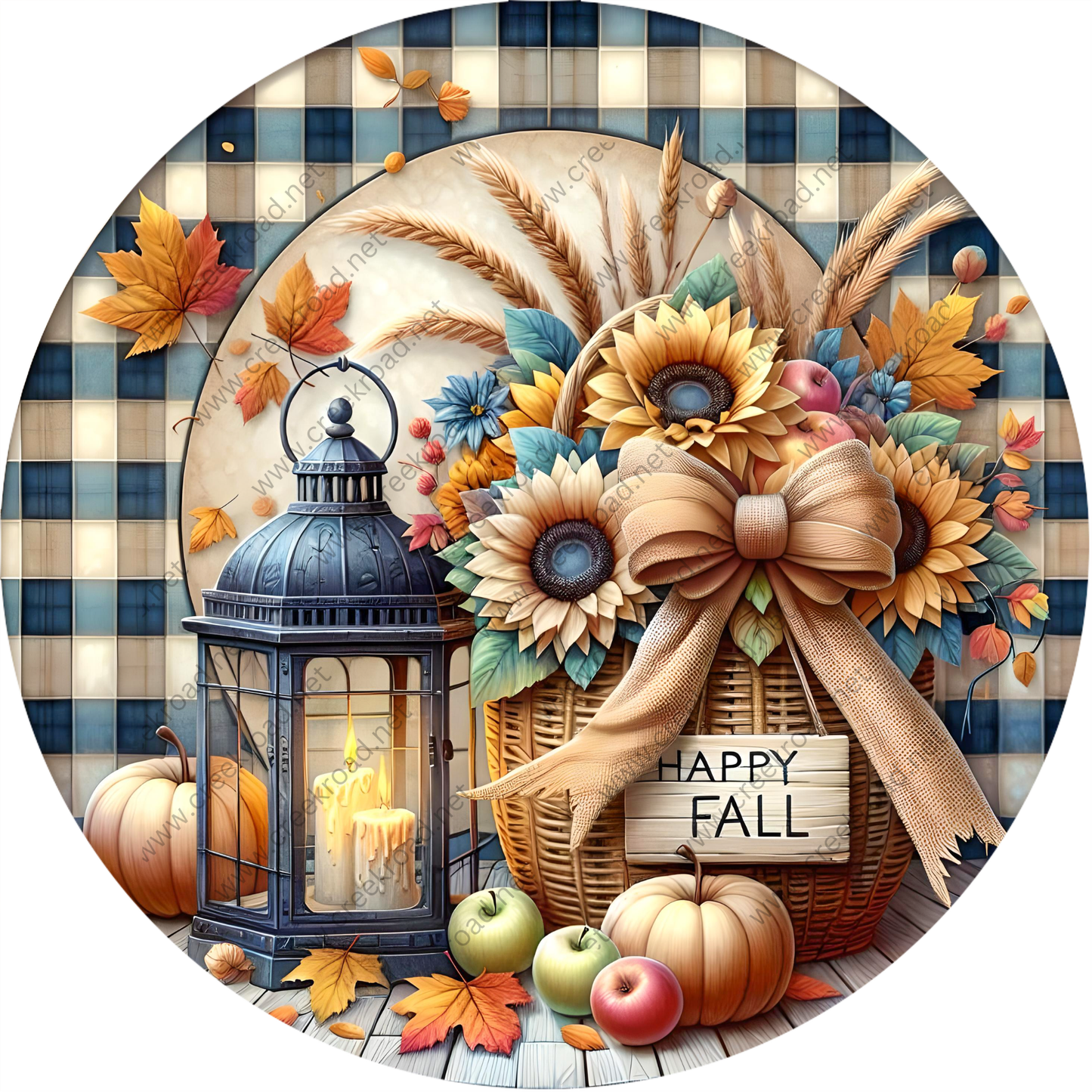 A round, decorative image featuring a lantern, a basket of flowers, pumpkins, apples, and autumn leaves, all arranged against a checkered background.