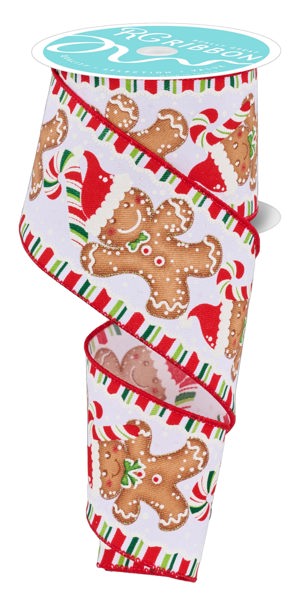 2.5" X 10Yd Wired Ribbon-Gingerbread W/Santa Hat-White/Red/Brown/Green-RGF123027