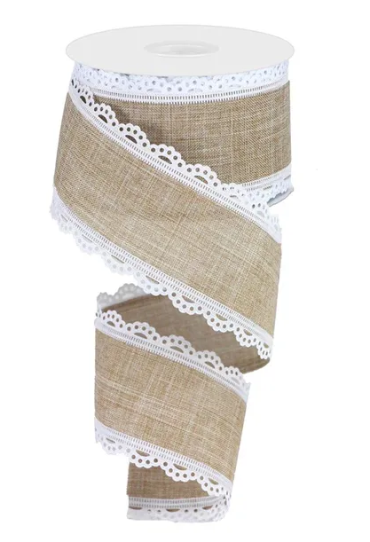 A burlap ribbon with a white lace trim, which appears to be a decorative and textured fabric.