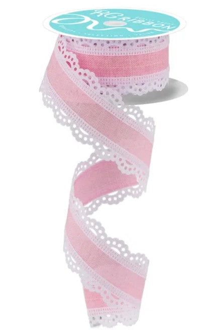 A pink and white ribbon with a lace-like pattern, featuring a scalloped edge and a scalloped edge along the bottom.