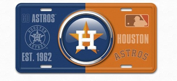 a metal license plate with a houston astros logo on it