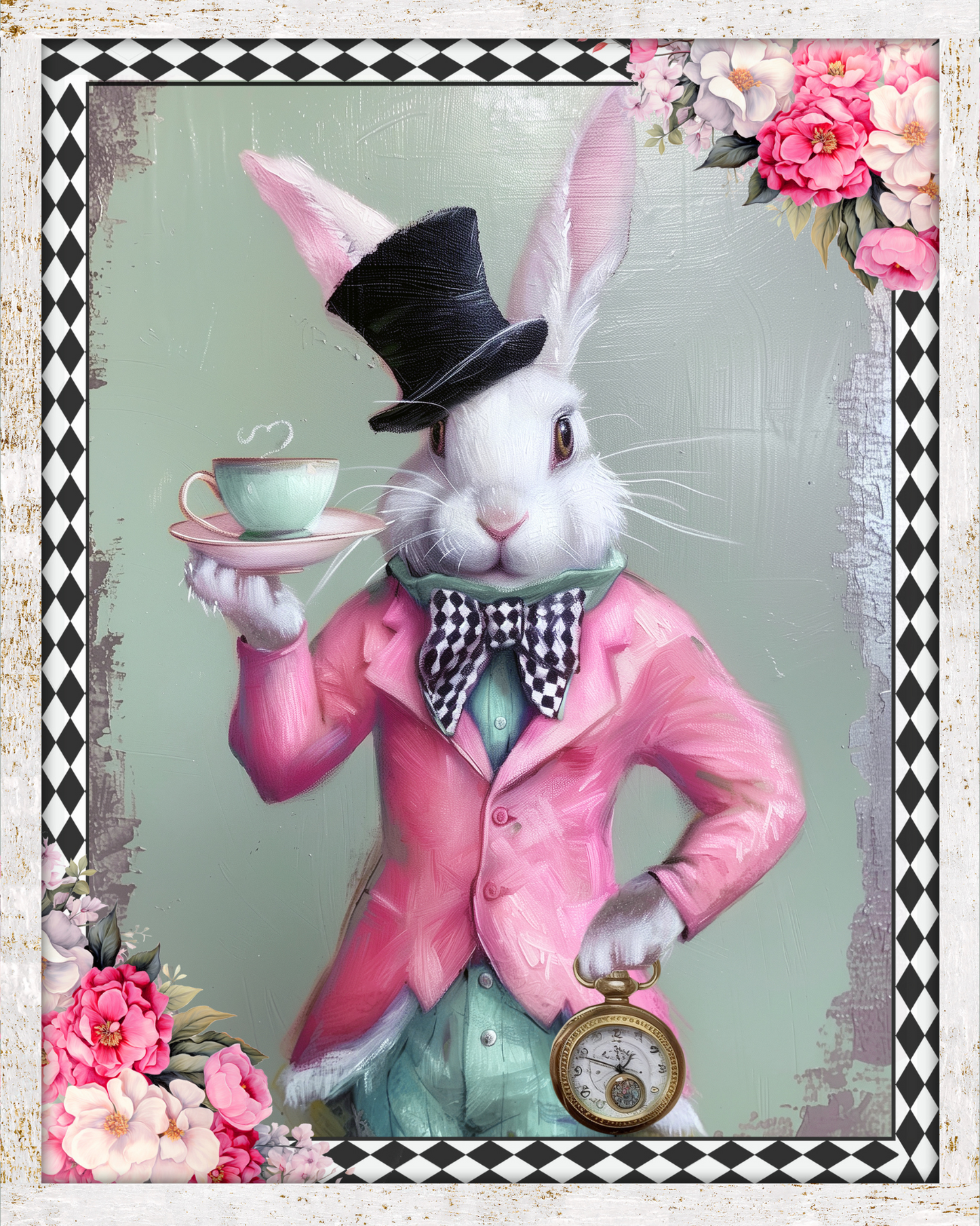 a painting of a rabbit in a pink suit holding a tea cup
