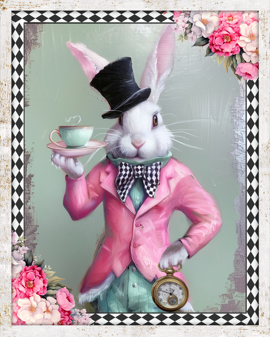 a painting of a rabbit in a pink suit holding a tea cup