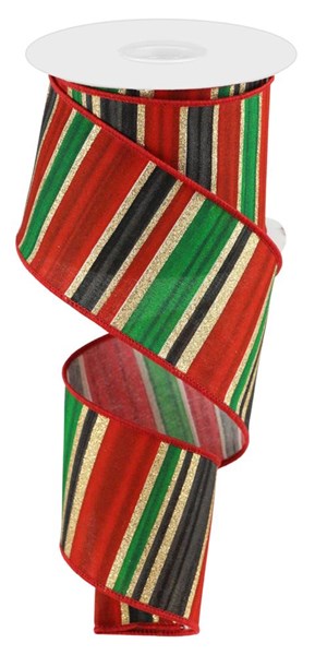 a roll of red and green striped ribbon