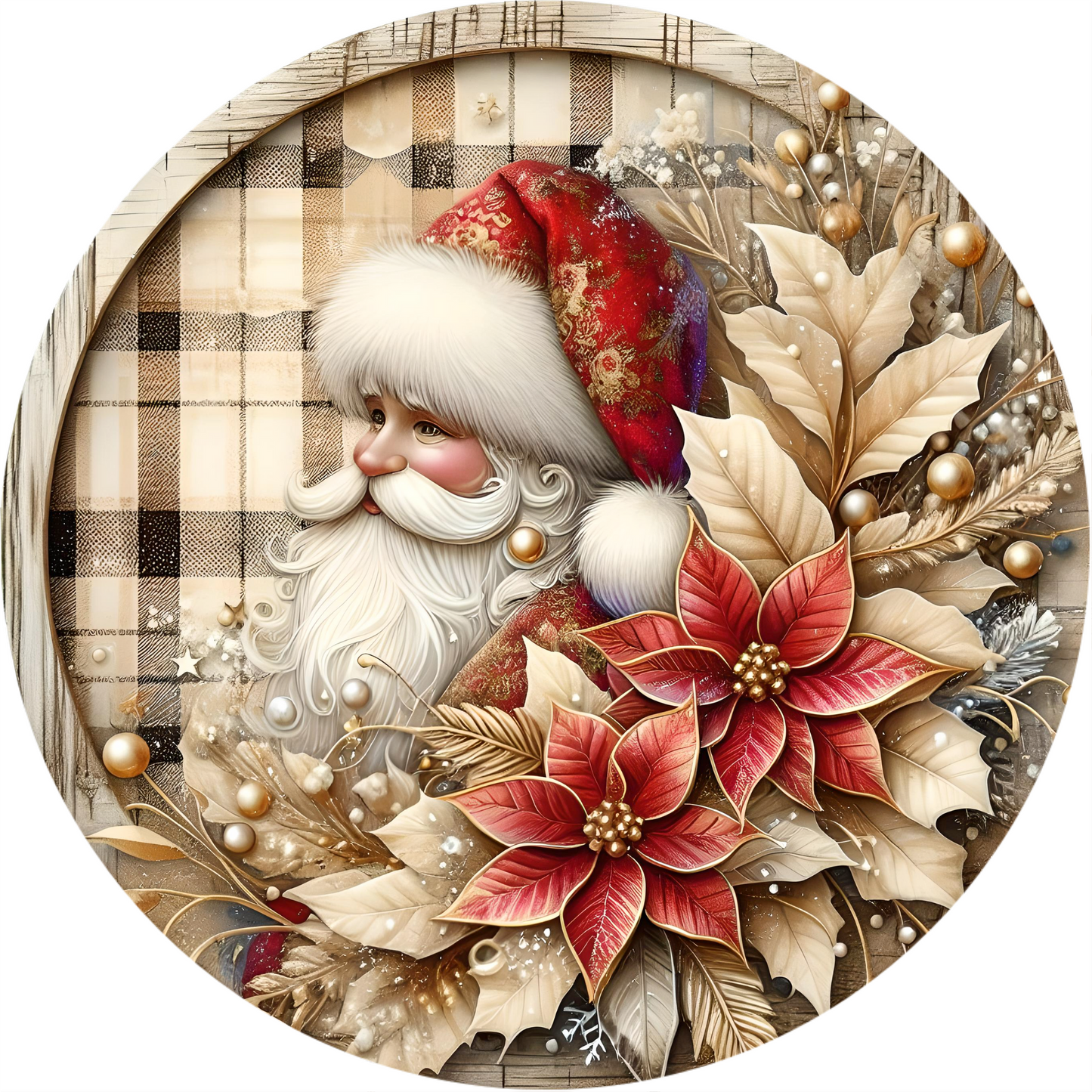 a painting of a santa clause surrounded by poinsettis