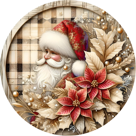 a painting of a santa clause surrounded by poinsettis