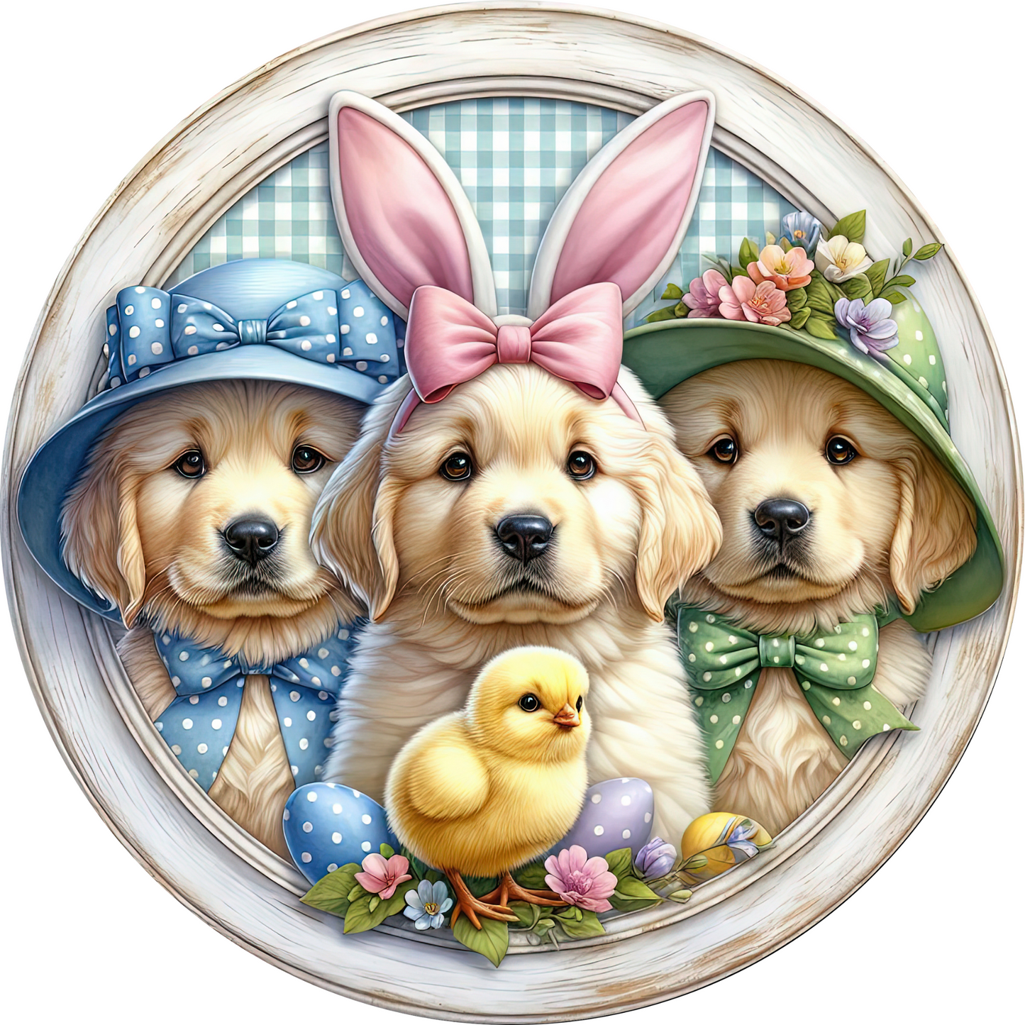 a painting of three dogs wearing easter hats