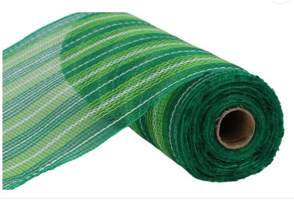 A roll of green and white striped mesh material.