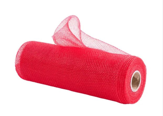 A roll of red mesh or burlap material with a white center hole.