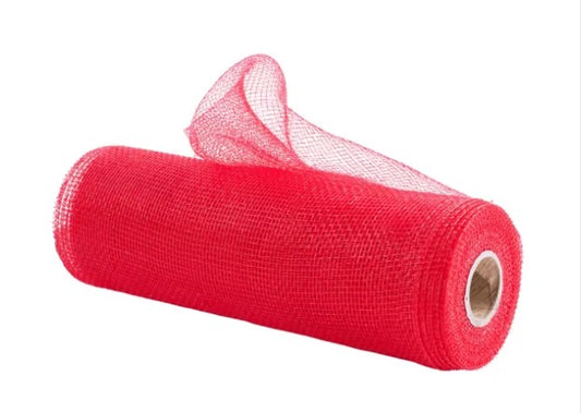 A roll of red mesh or burlap material with a white center hole.