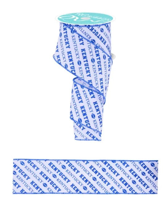 a blue and white patterned ribbon with the word "KY" printed on it.