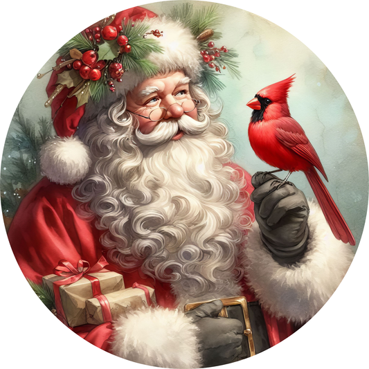 a painting of santa claus holding a cardinal