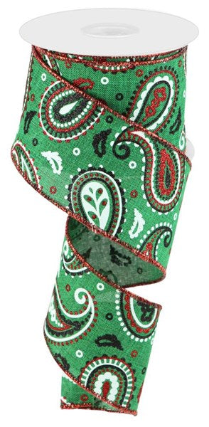 a roll of green and red paisley ribbon