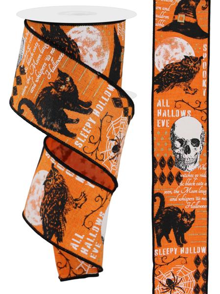 a halloween themed orange and black ribbon with a black cat on it