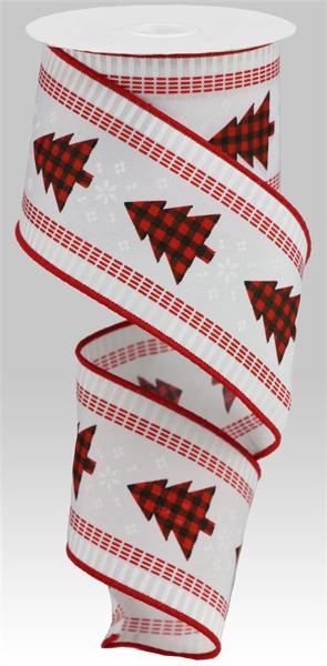 a roll of red and white ribbon with christmas trees on it