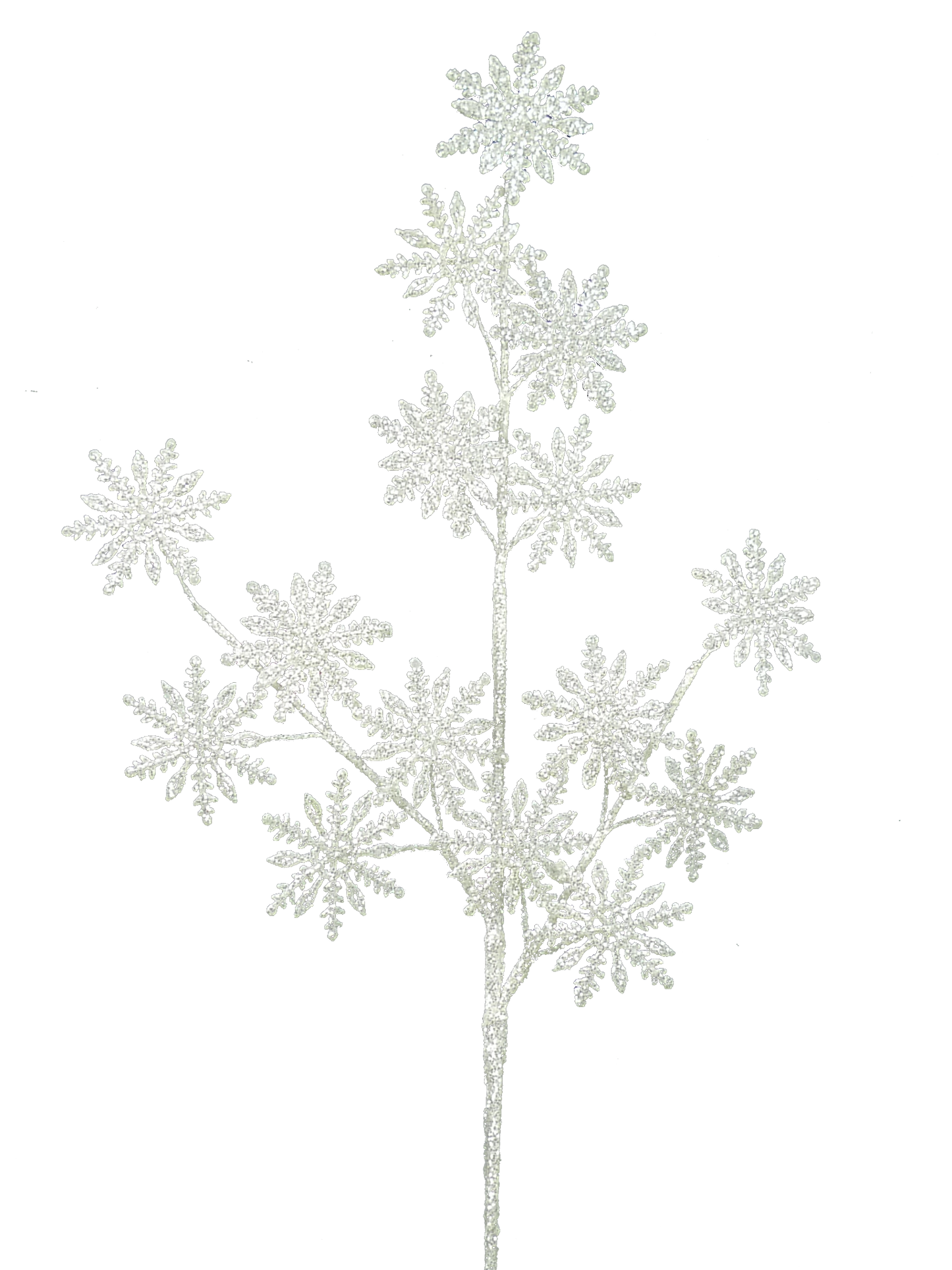 A branch with numerous white snowflakes attached to it, creating a decorative and festive appearance.