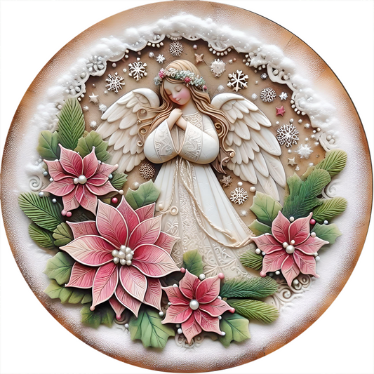a plate with a picture of an angel surrounded by flowers