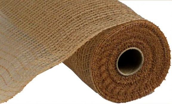 A roll of burlap or burlap-like material with a textured, woven appearance.