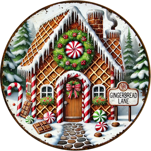A whimsical, snow-covered gingerbread house with a wreath, candy cane, and other festive decorations, surrounded by pine trees and a sign that reads "Gingerbread Lane".