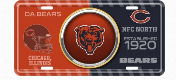 The image is a license plate featuring the Chicago Bears logo and text.