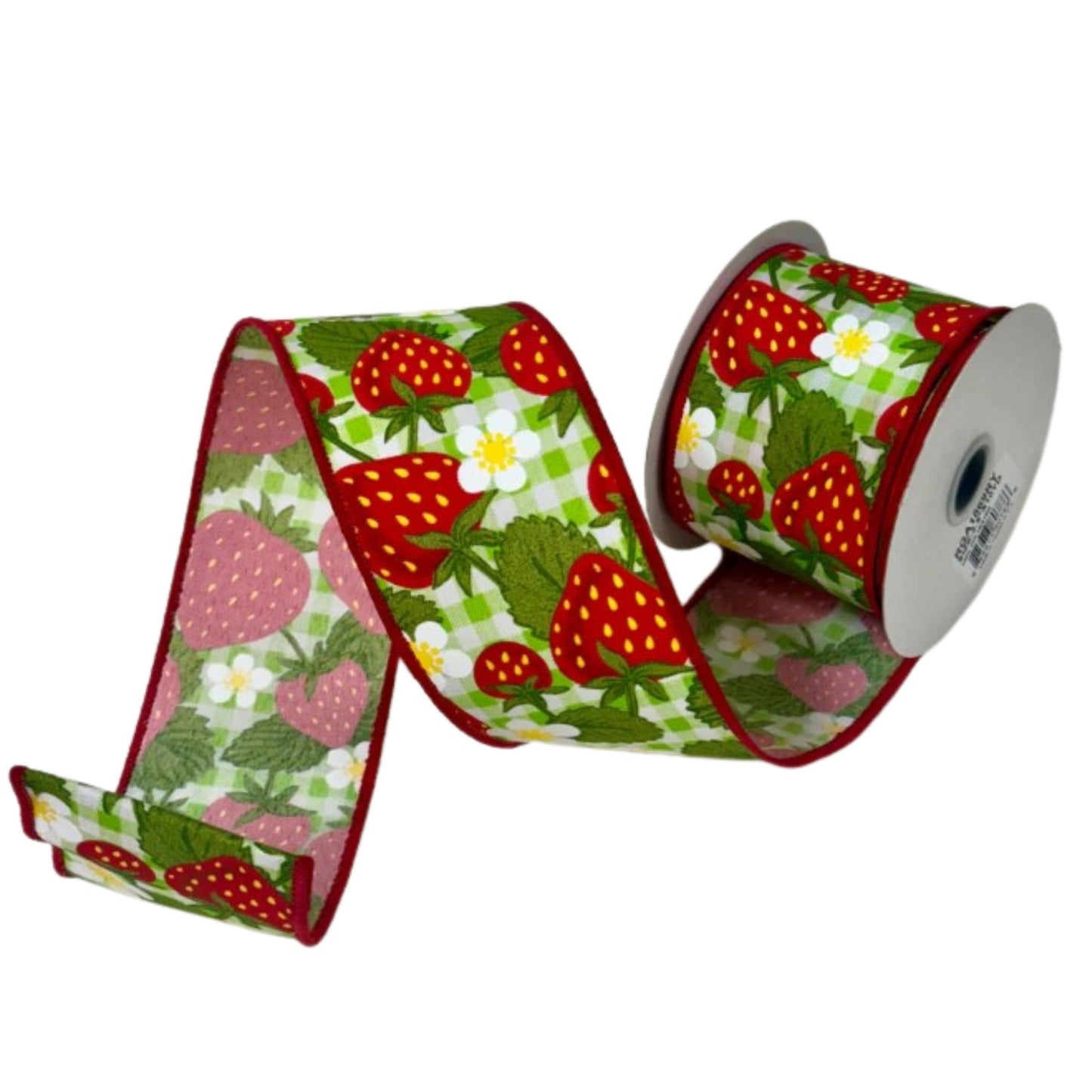 A roll of ribbon with a strawberry pattern printed on it.