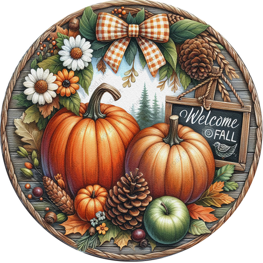 a picture of a welcome fall sign with pumpkins and pine cones