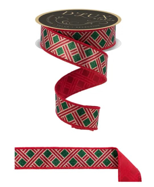 a red and green diamond-patterned ribbon with a gold-colored label.