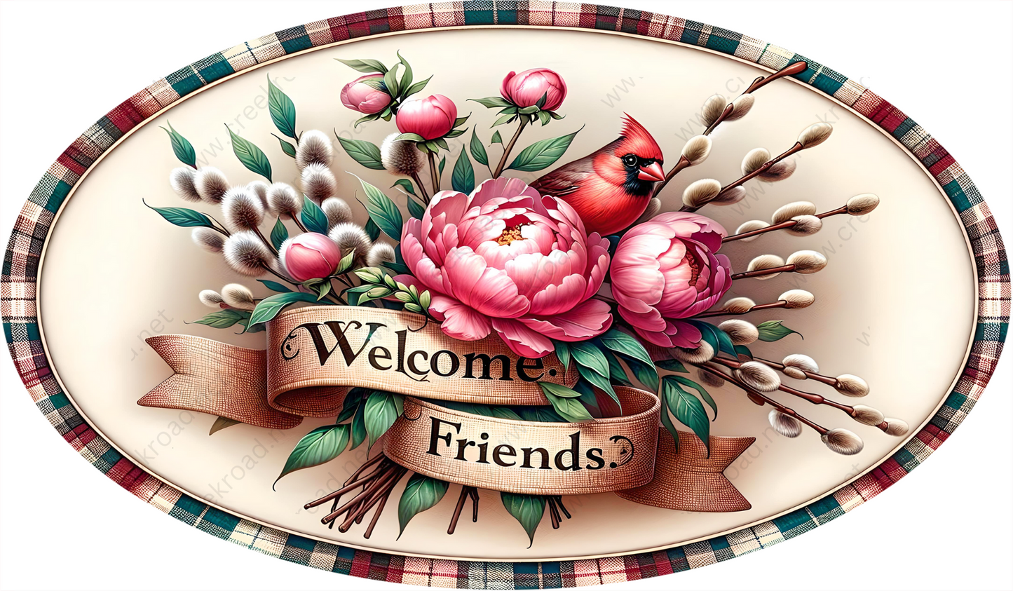 a welcome sign with flowers and a bird