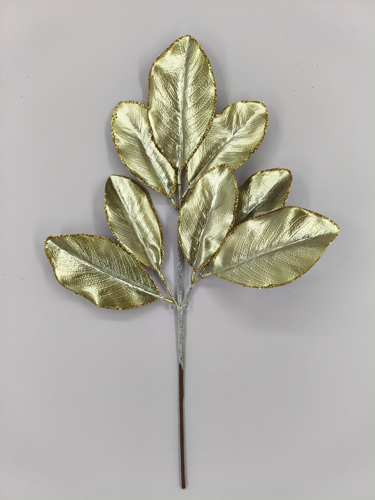A branch with shiny, metallic leaves against a plain background.