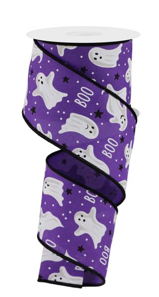 a roll of purple halloween ribbon with ghost on it