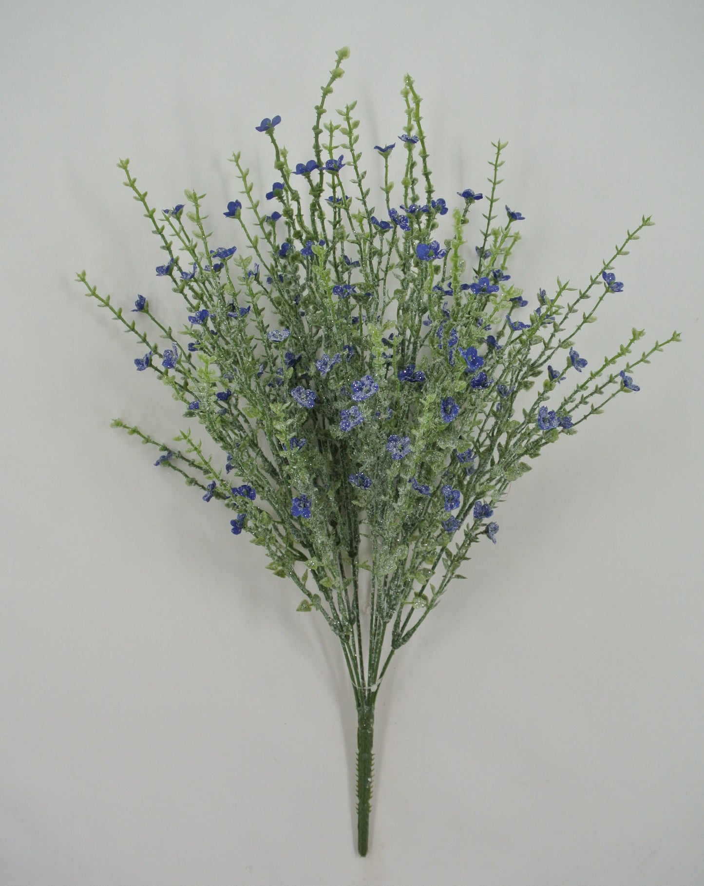 A bouquet of small blue flowers with green stems is displayed against a plain white background.