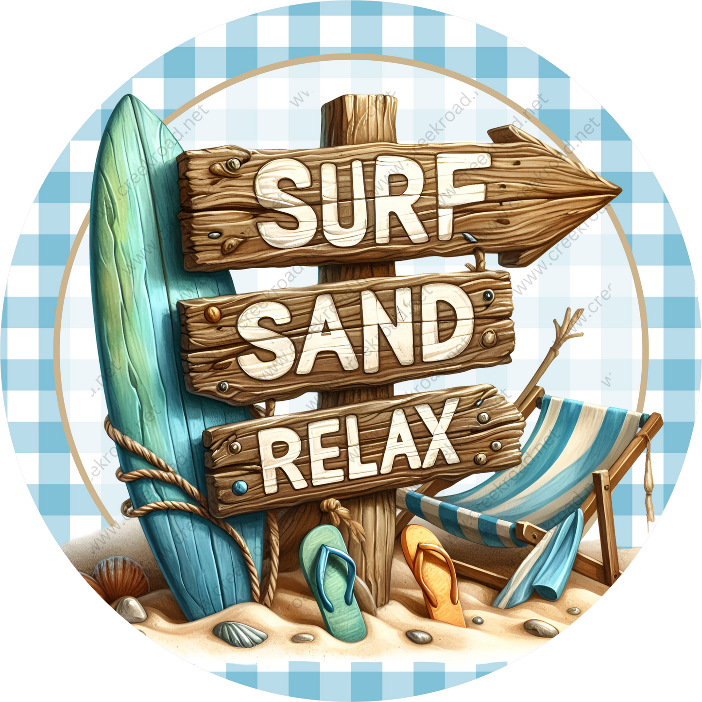 a wooden sign that says surf sand relax