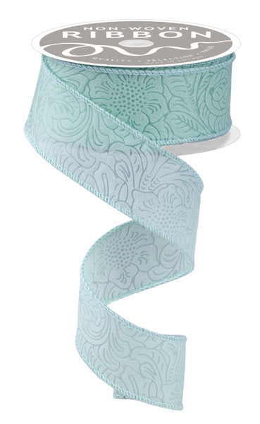 A turquoise floral-patterned ribbon is shown, with the ribbon's label indicating it is a non-woven ribbon.