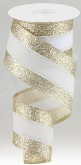A gold and white striped ribbon is shown in the image.