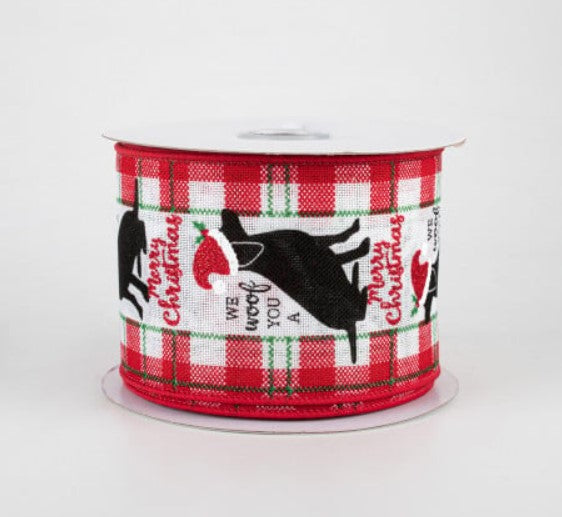 a red and white plaid ribbon with a black dog on it