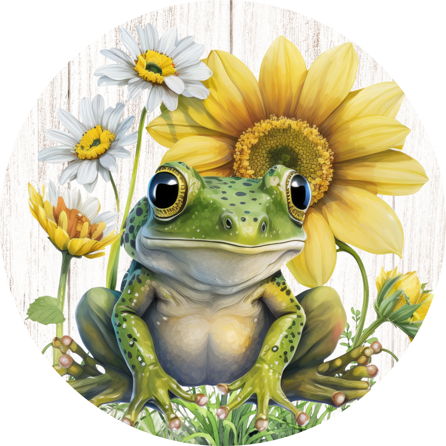a frog with a sunflower on its head